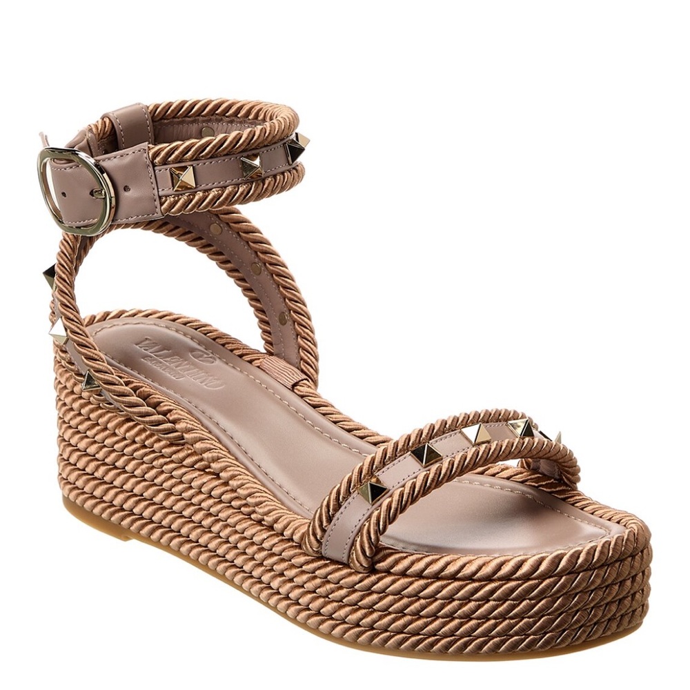 Valentino Rockstud 45 Rope & Leather Wedge Sandal